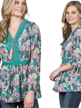 Matilda Jane Teal Floral V-Neck Tunic with Lace Trim